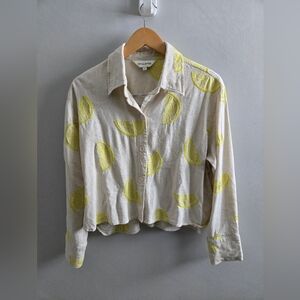 Pepaloves Anthropologie Lemon Beige and Yellow Buttondown Shirt Size Large
